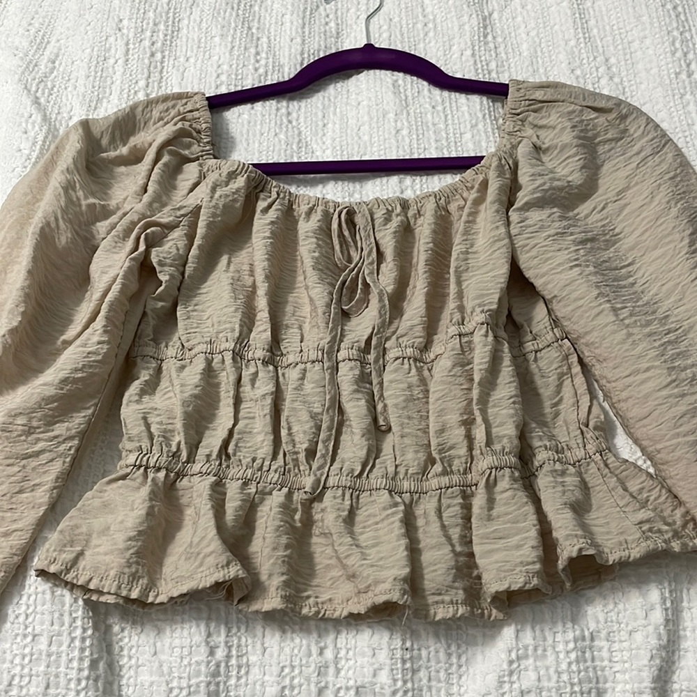 Ruffle beige cream tie long sleeve shirt